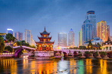 Guiyang, China skyline at Jiaxiu Pavilion on the Nanming River.